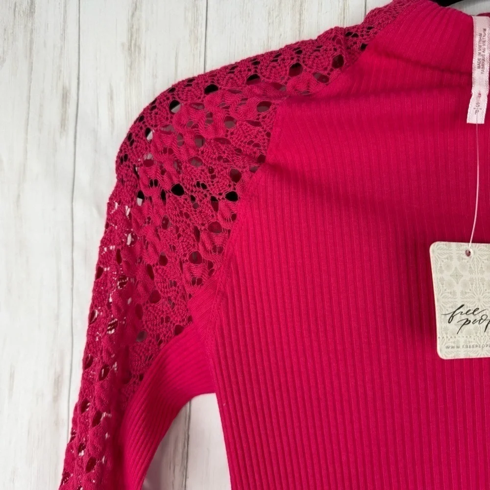 Free People NWT hot pink thermal crochet sleeve top small